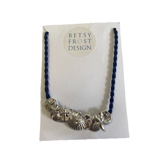 NEW $244 Betsy Frost seashell silver plated necklace on 18” navy braided rope - Picture 2 of 4